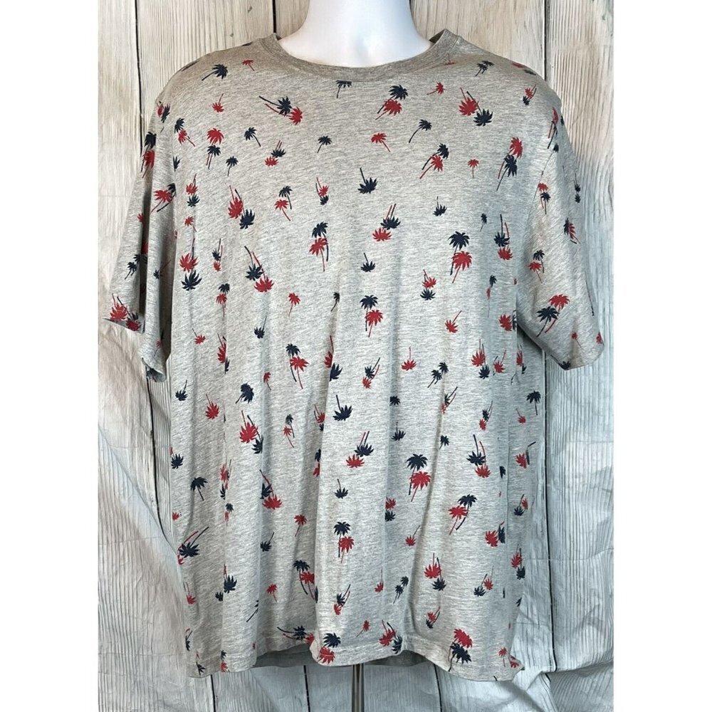 Mens XL 46-48 Short Sleeve Gray Shirt Red Blue Palm Trees Patriotic 4th of July